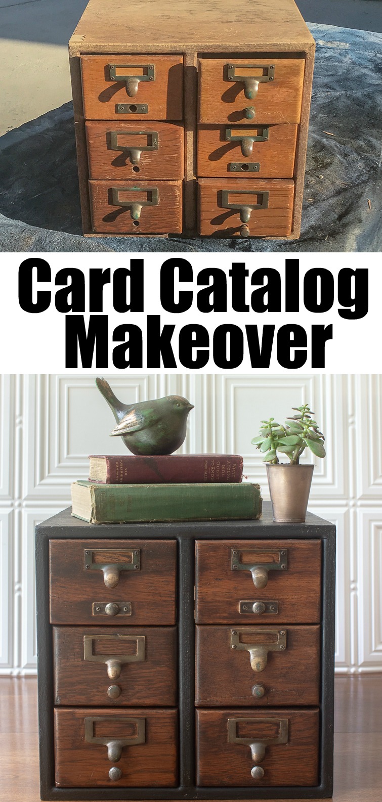 before and after photos of a vintage card catalog makeover