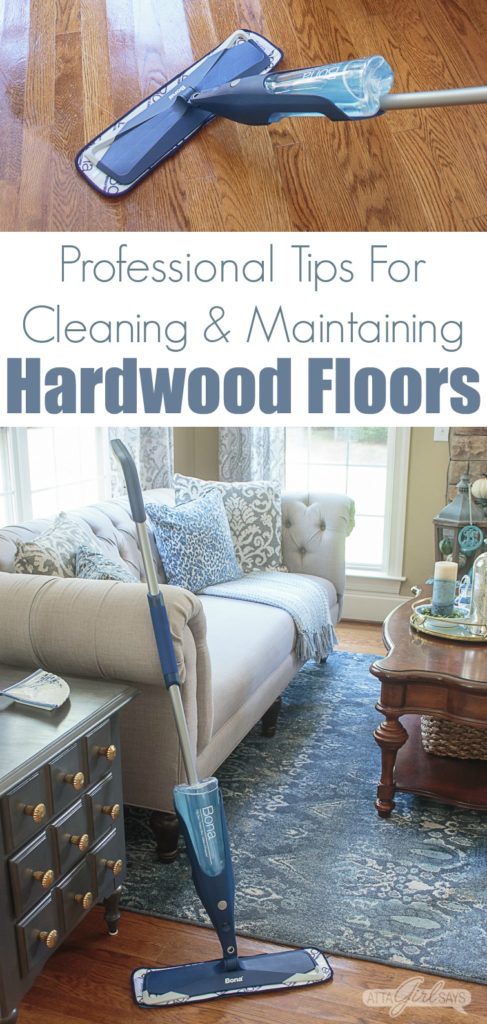 collage photo of a Bona spray mop and a living room with a blue rug, hardwood floors and gray chesterfield sofa