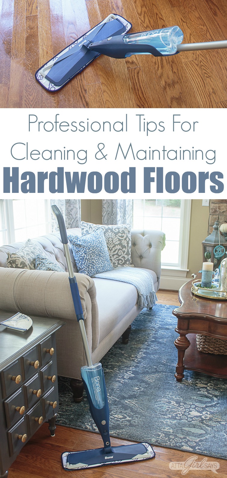 collage photo of a Bona spray mop and a living room with a blue rug, hardwood floors and gray chesterfield sofa