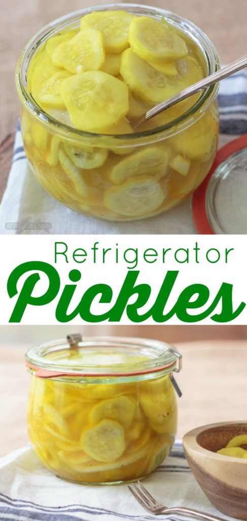 collage photos show a closed and open jar of refrigerator pickles