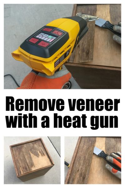 collago photo removing veneer from a vintage card catalog using a heat gun