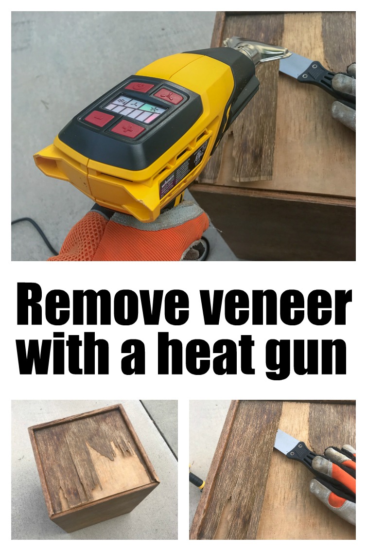 collagophoto removing veneer from a vintage card catalog using a heat gun