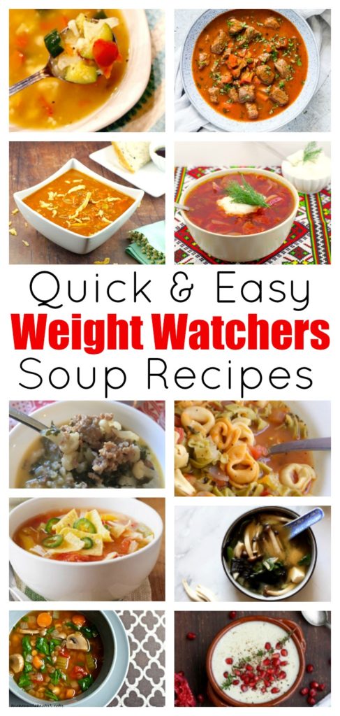 collage photo titled Quick & Easy Weight Watchers Soup recipes with photos of bowls of soup