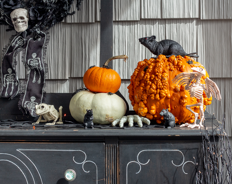 orange and white pumpkins on a black bufffet with plastic rats, animal skeletons and skeleton hands
