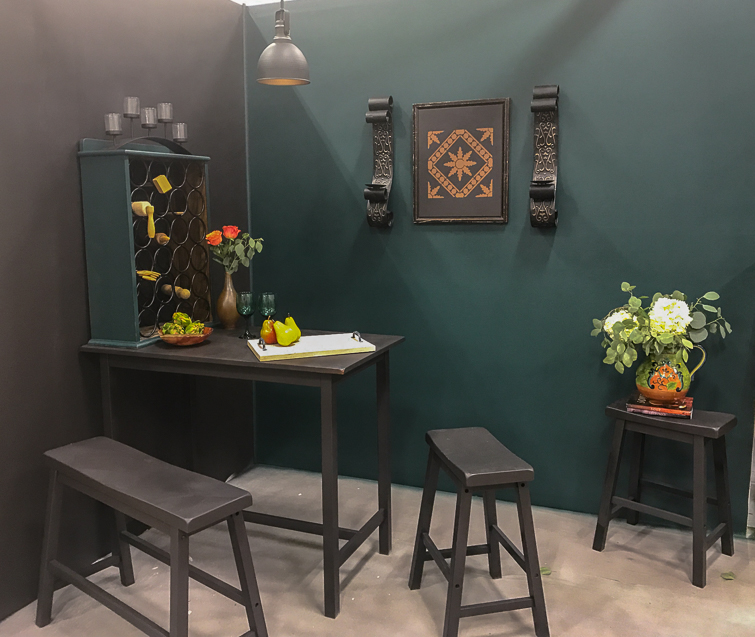 Wine bar kitchen area with green and black walls