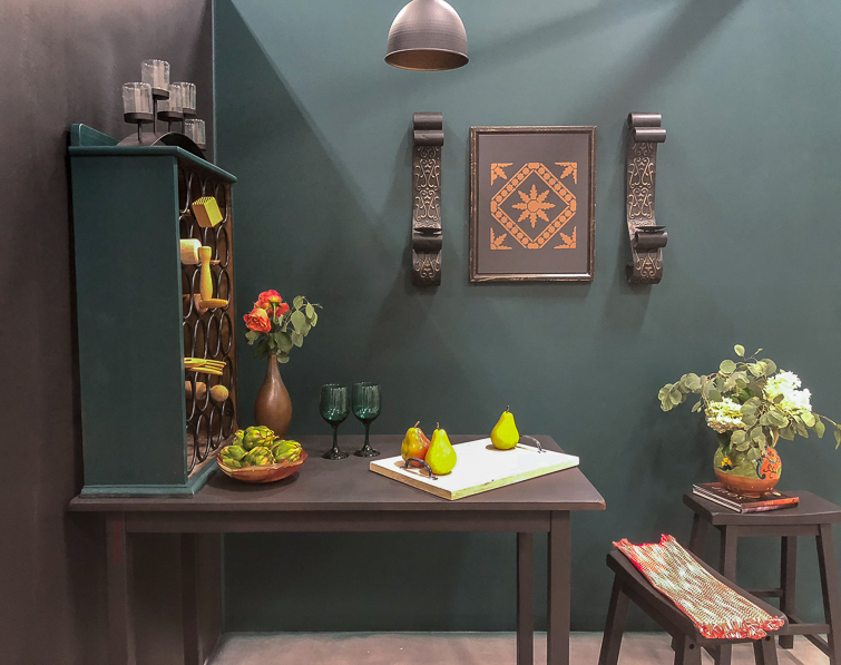 Wine bar kitchen area with green and black walls