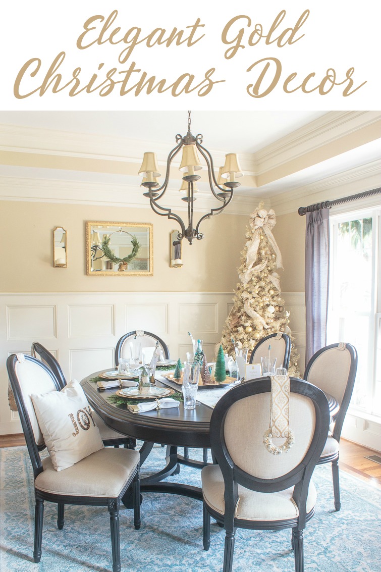 formal dining room decorated for Christmas with a gold tree