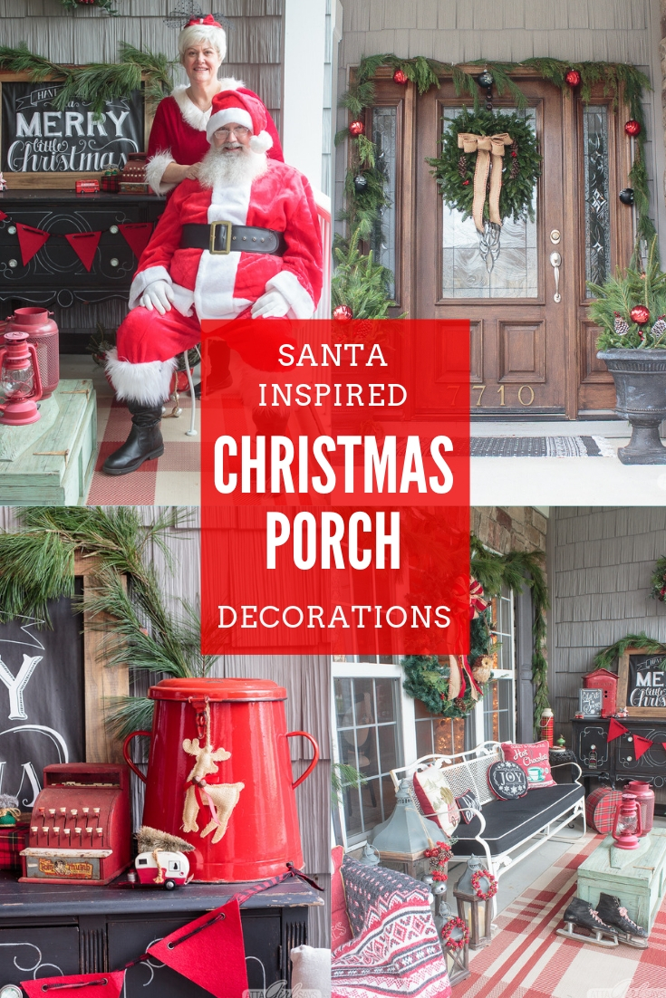 Santa and Mrs. Claus posing on a porch decorated in red, green and white vintage Christmas style