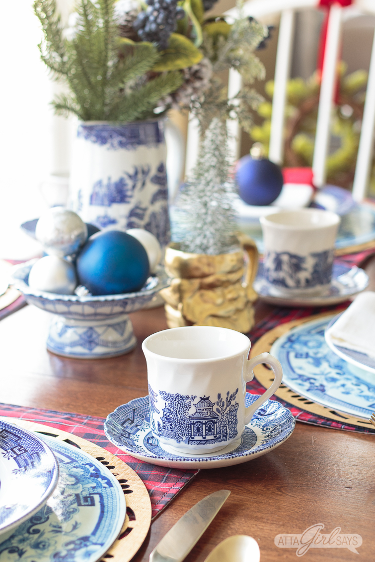 blue willow Christmas place setting