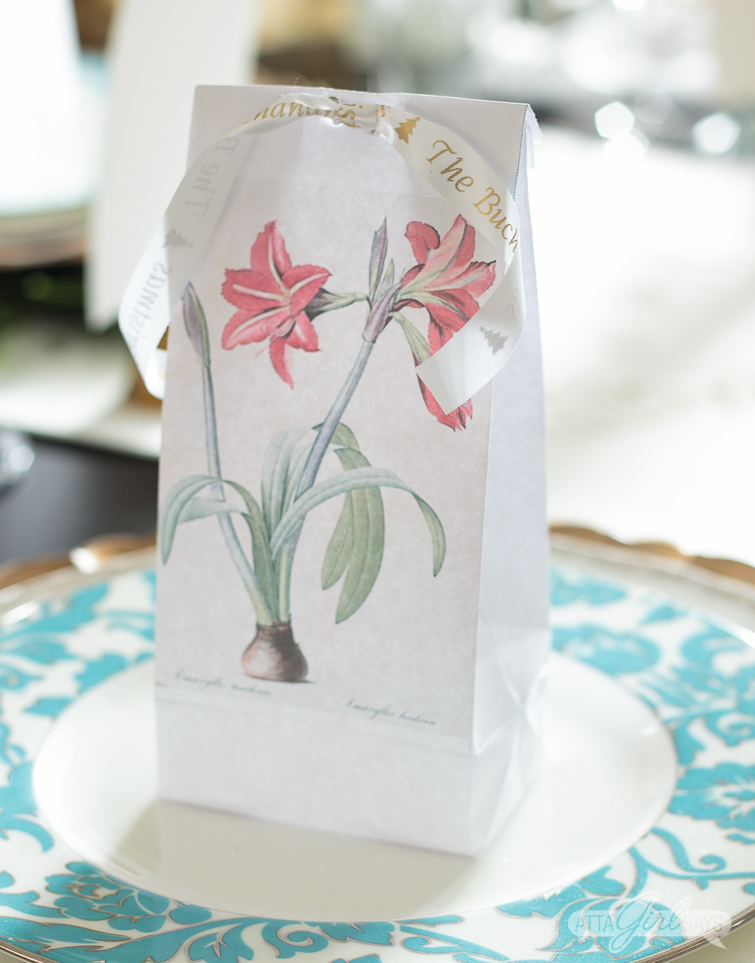 vintage amaryllis botanical print party favor bag on table
