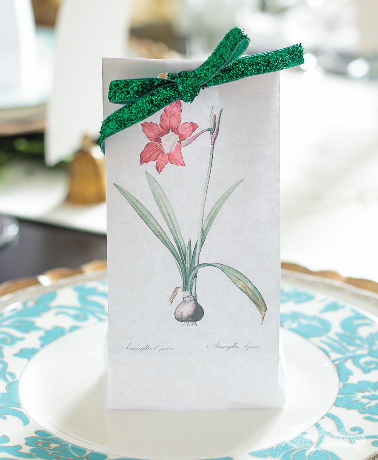 white paper bag with a vintage amaryllis botanical print