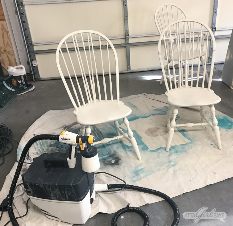 farmhouse style stained kitchen table with white legs and painted Windsor dining chairs