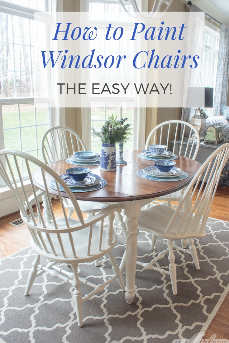 farmhouse style stained kitchen table with white legs and painted Windsor dining chairs