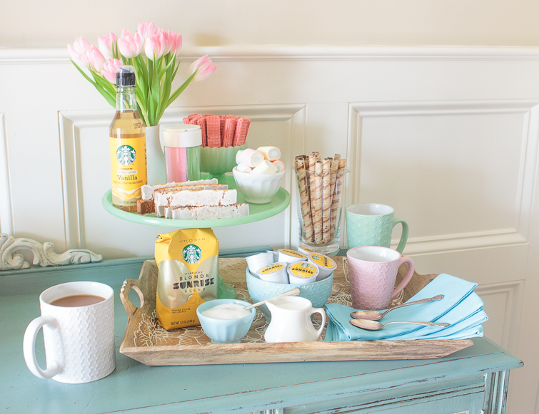 colorful spring coffee bar setup on a tray