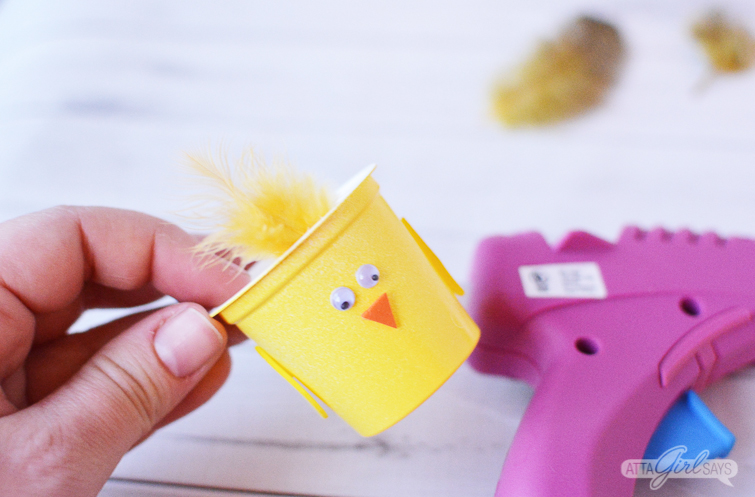 use hot glue to make Easter treat cups from recycled K cups