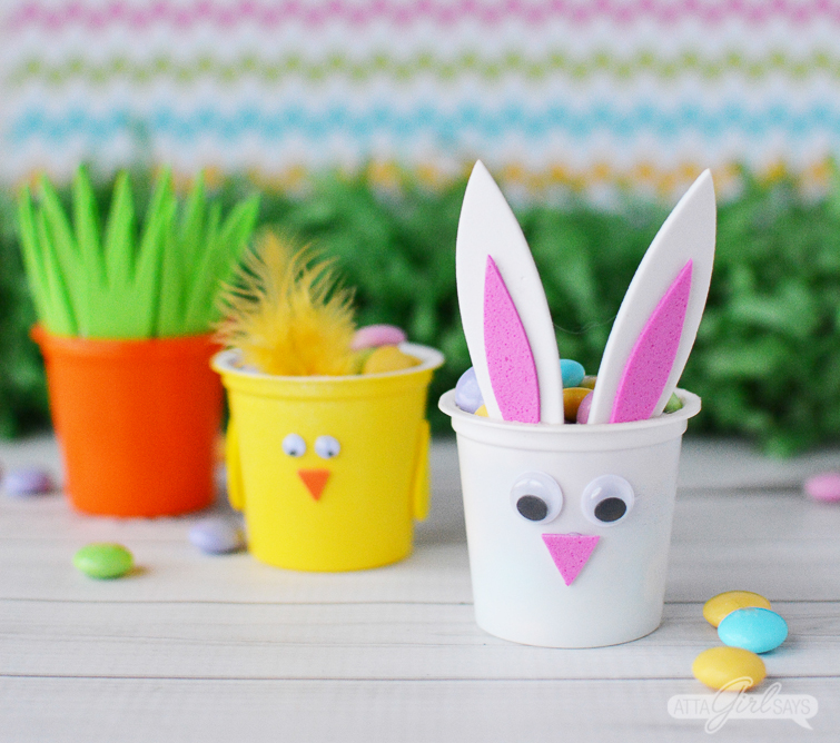 recycled K Cups crafts Easter bunny, chick and carrot filled with candy