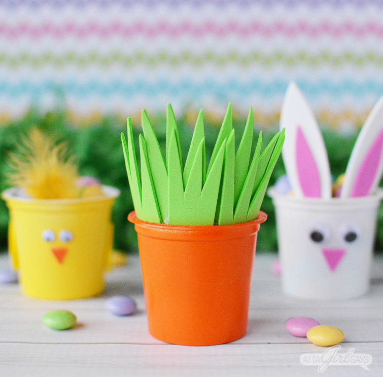 spring chick, carrot and Easter bunny treat cups made from recycled K cups