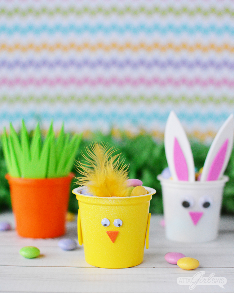 carrot, spring chick and Easter bunny treat cups made from recycled K cups