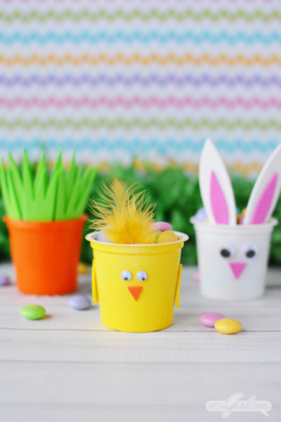 recycled K Cups crafts Easter bunny, chick and carrot filled with candy