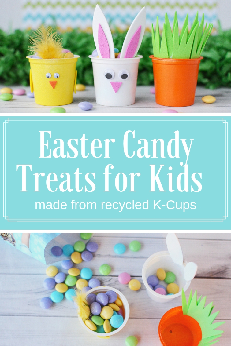 Spring chick, Easter bunny and carrot candy treat cups made from recycled K cups