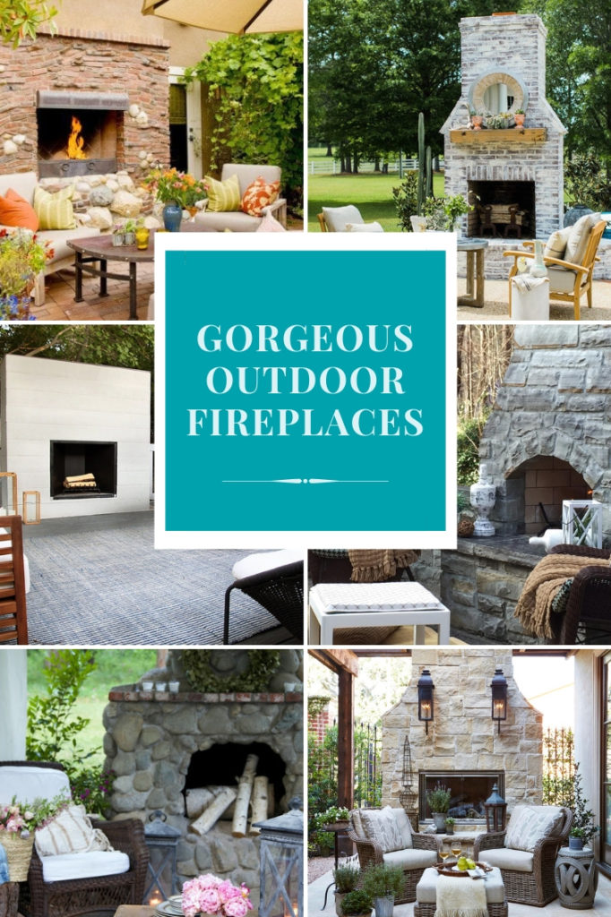 collage of outdoor stone and brick fireplaces