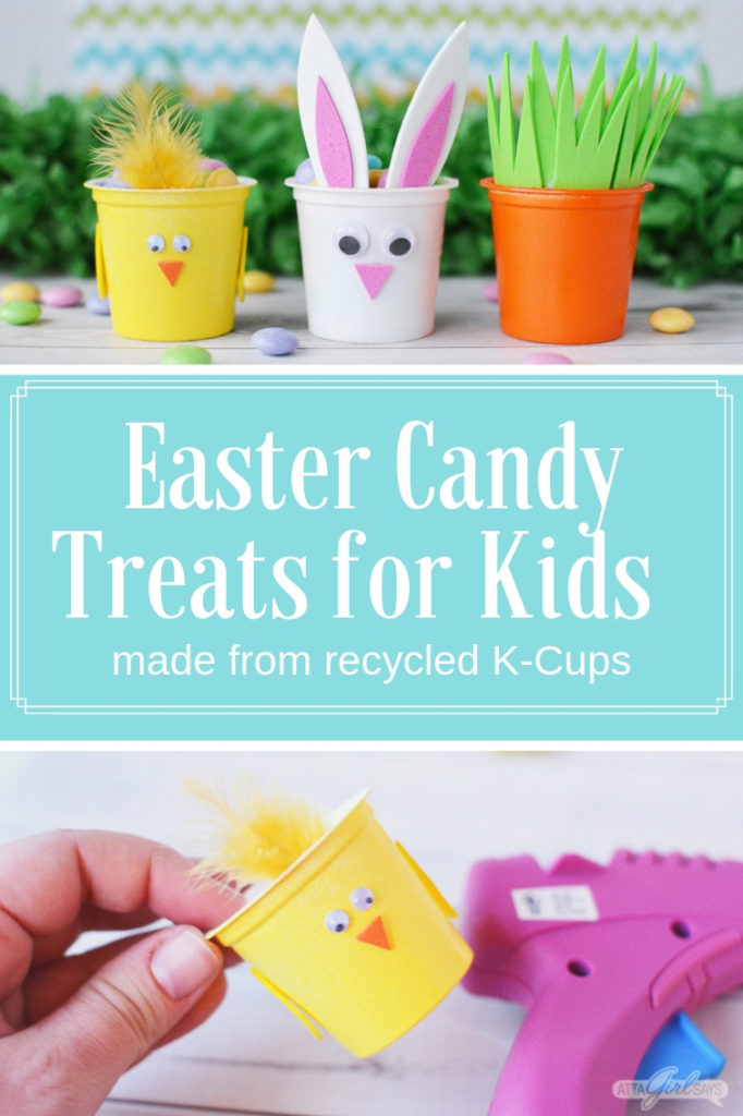 Spring chick, Easter bunny and carrot candy treat cups made from recycled K cups