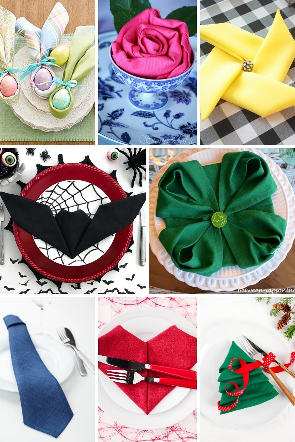 collage of different holiday napkin folding ideas
