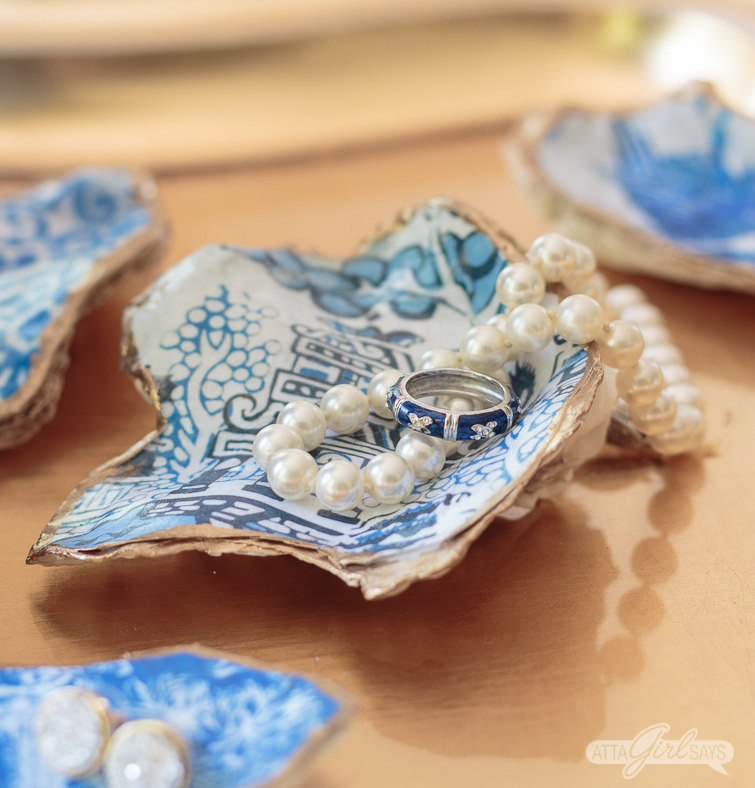 blue and white oyster shell jewelry dish