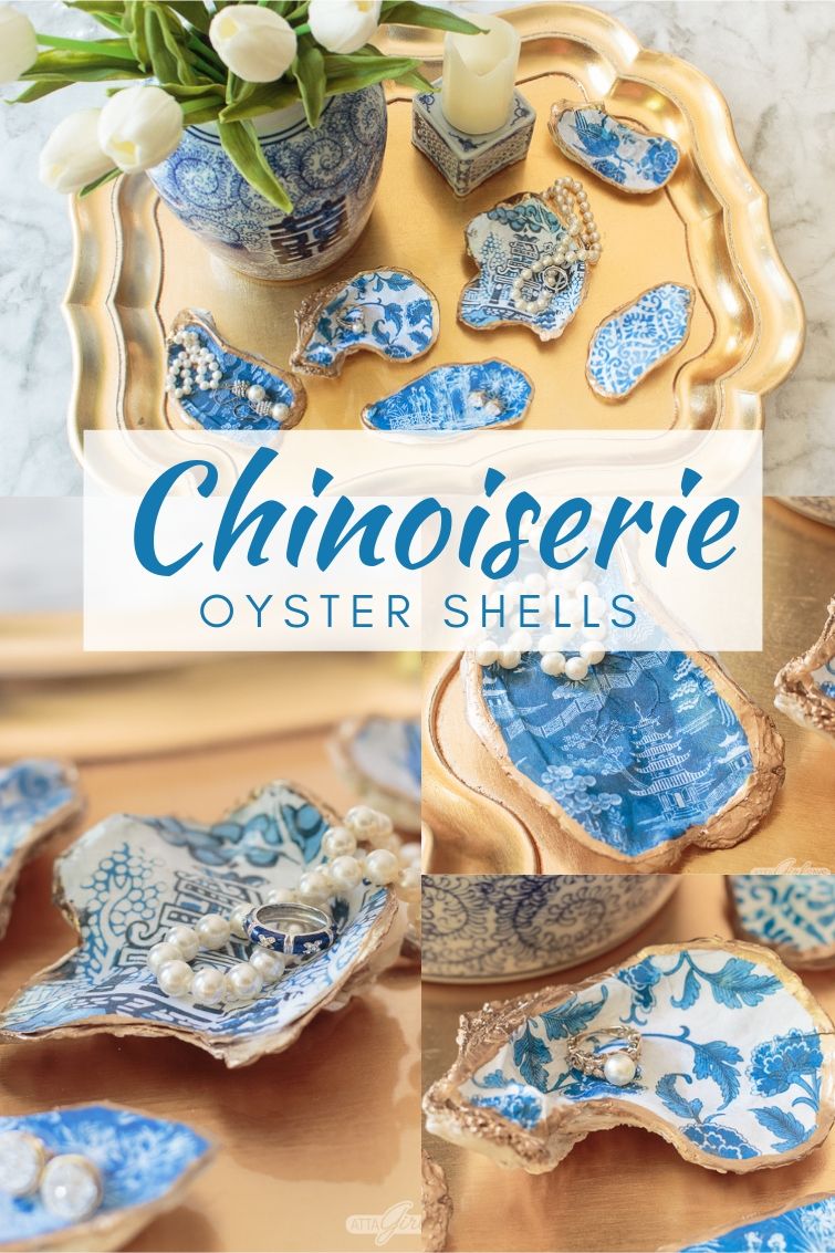 blue and white chinoiserie chic oyster shells used as jewelry dishes