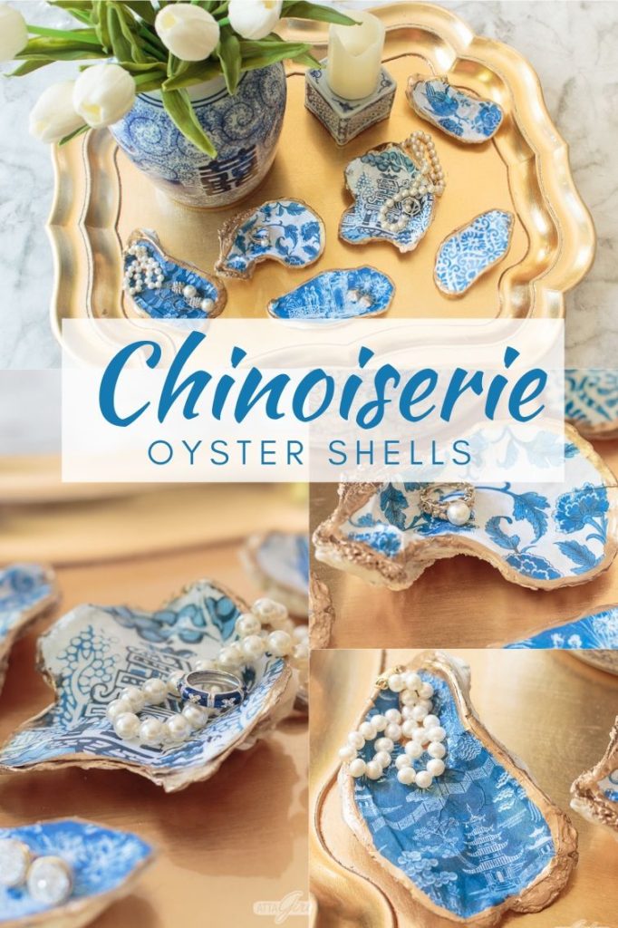 blue and white chinoiserie chic oyster shells used as jewelry dishes