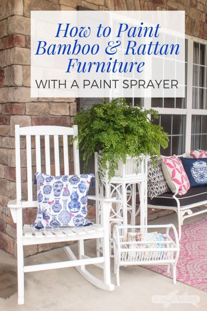 front porch decorated with white Hollywood regency furniture, a pink rug and blue chinoiserie pillows