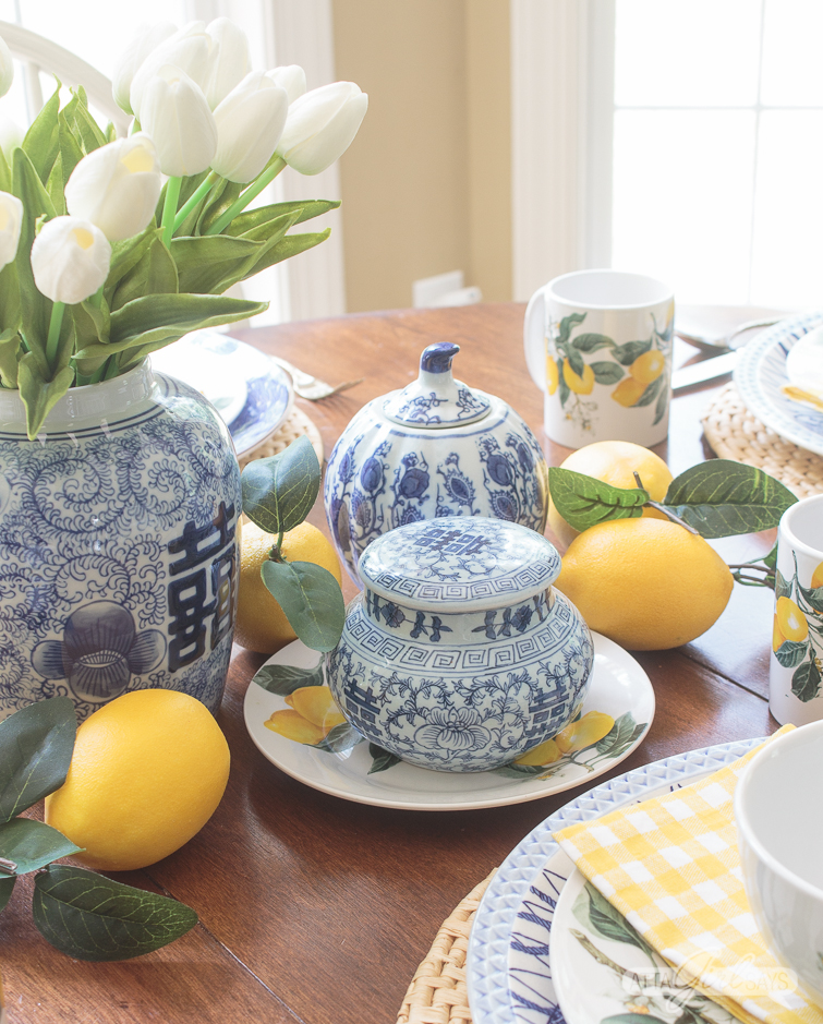 blue and white china and lemons on a casual summer tablescape