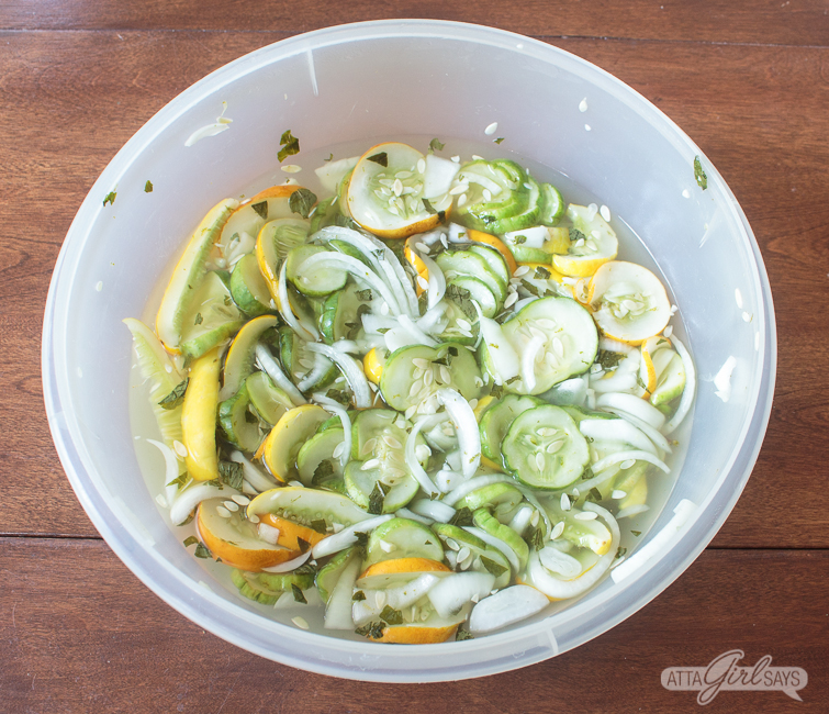 cucumber and onion slices to make freezer pickles in a large bowl