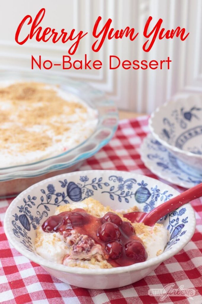 blue and white bowl with cherry yum yum dessert on a red gingham tablecloth