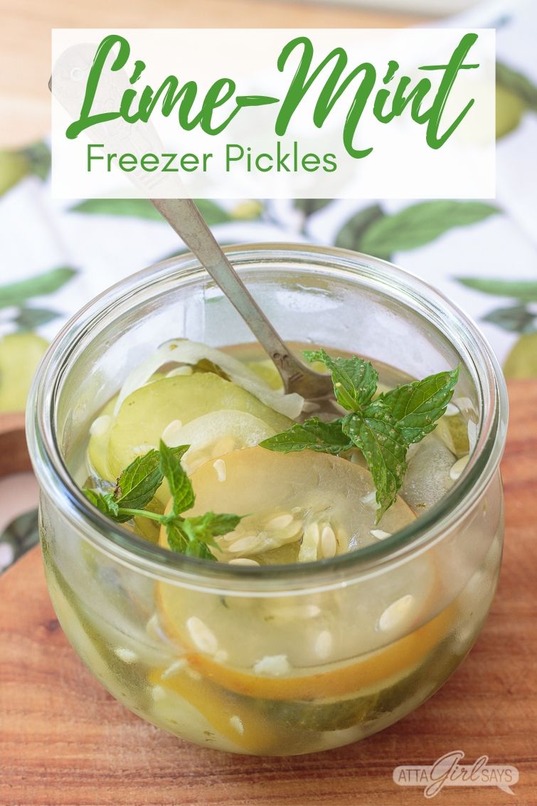 Weck jar of freezer pickles garnished with mint leaves