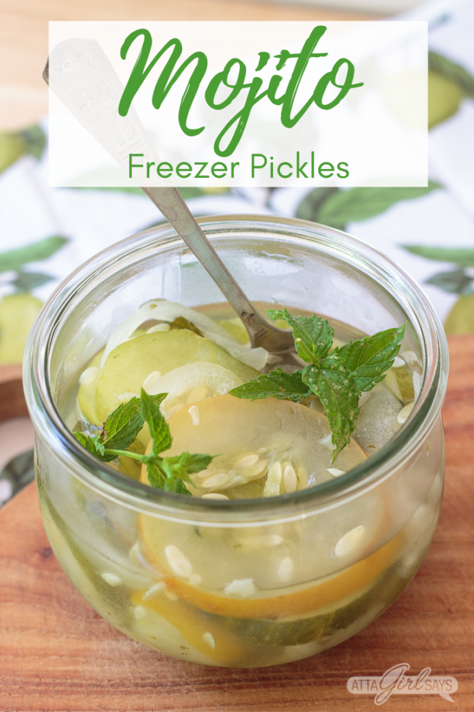 Weck jar of freezer pickles garnished with mint leaves