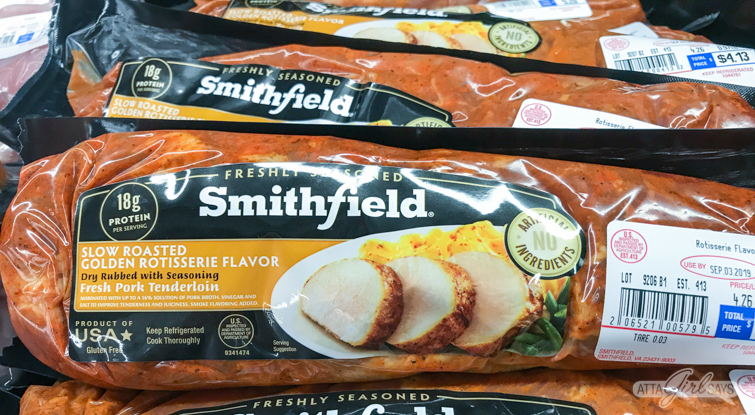 Smithfield pork tenderloin in butcher case at Walmart