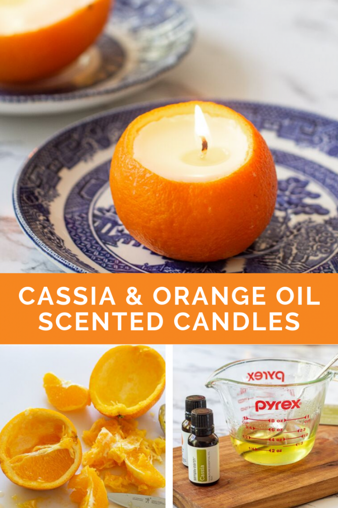 collage photo showing how to make candles in a scooped out orange rind
