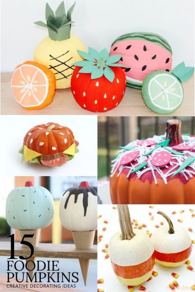 collage of pumpkins decorated to look like food