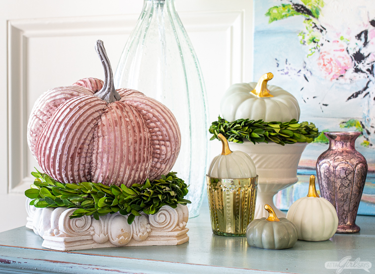 pink velvet pumpkin on a plaster stand for non traditional fall foyer decorating ideas