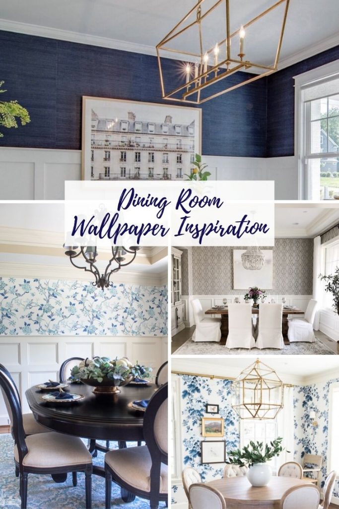 collage featuring different dining room wallpaper designs