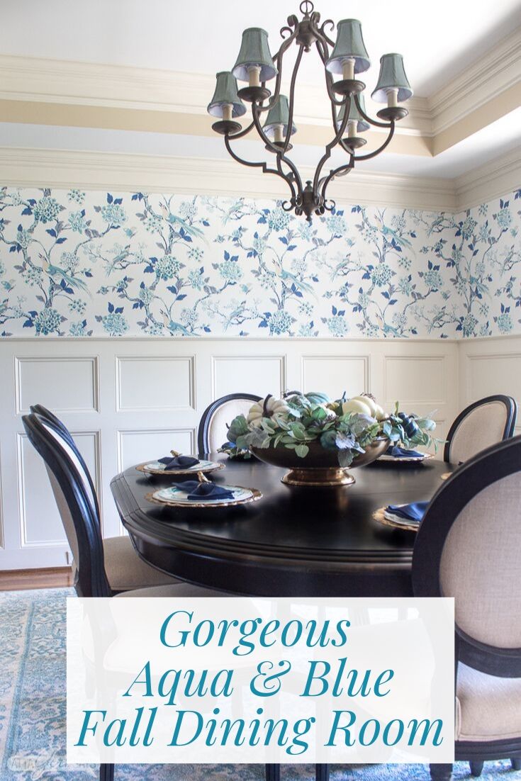 blue and aqua floral toile wallpaper in a dining room