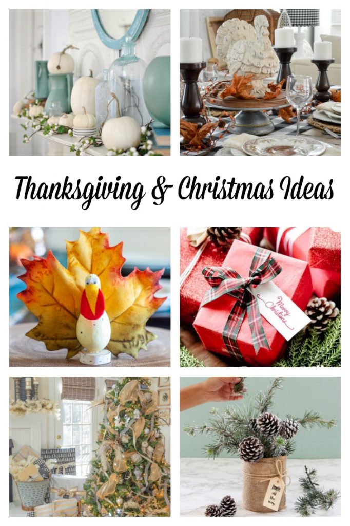 collage showing six different Thanksgiving, fall and Christmas decorating ideas