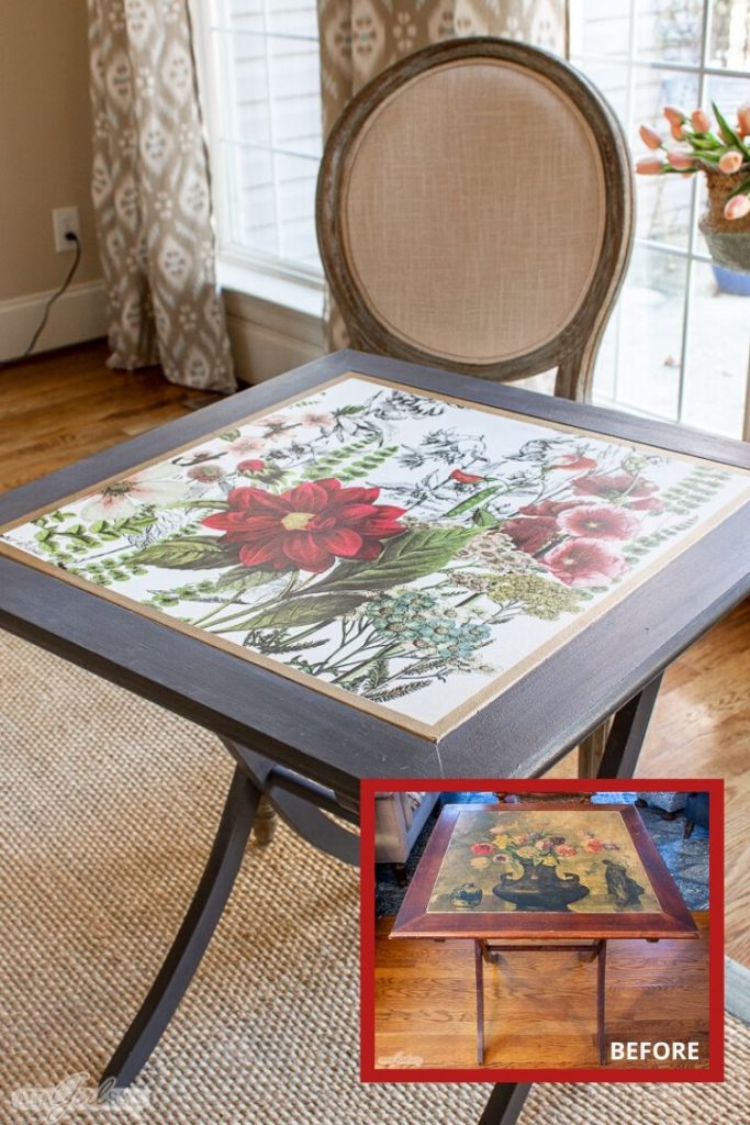 before and after photos of a folding game table with a floral inset