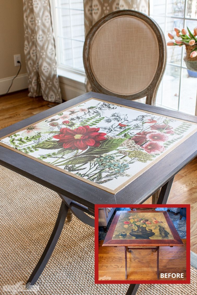 folding game table with a floral top with a before inset photo