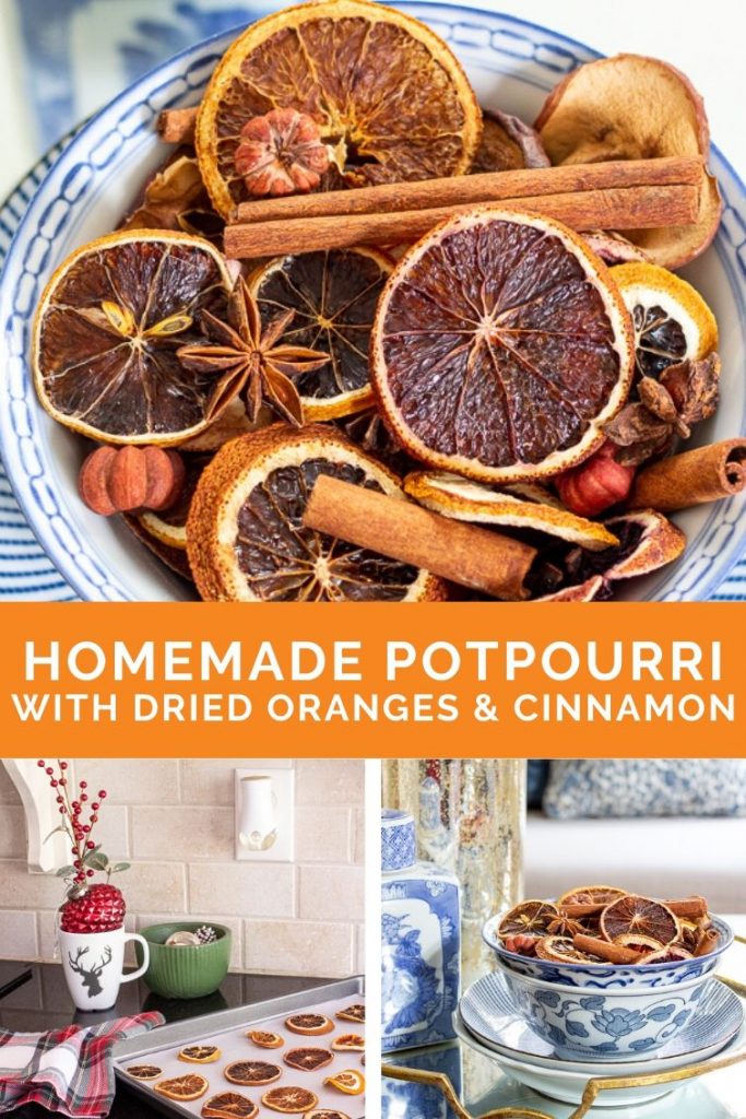 collage photo showing how to dry oranges in the oven to make homemade Christmas potpourri