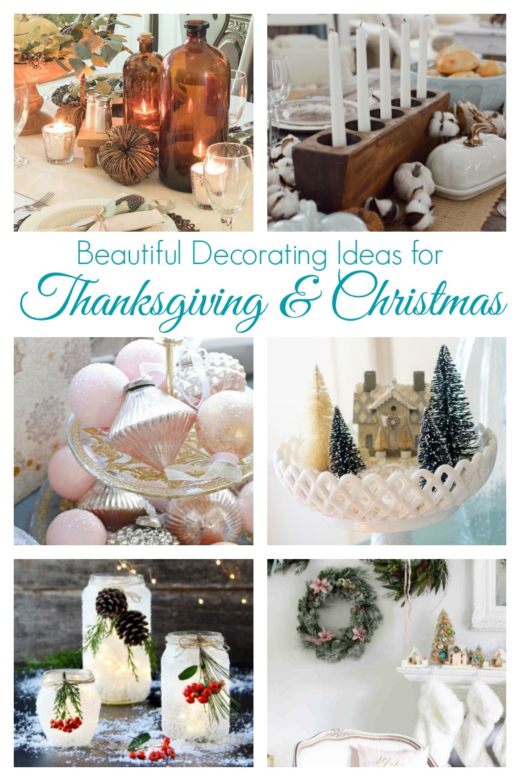 collage image showing two tables set for Thanksgiving, vintage Christmas displays, frosted mason jars and a Christmas mantel