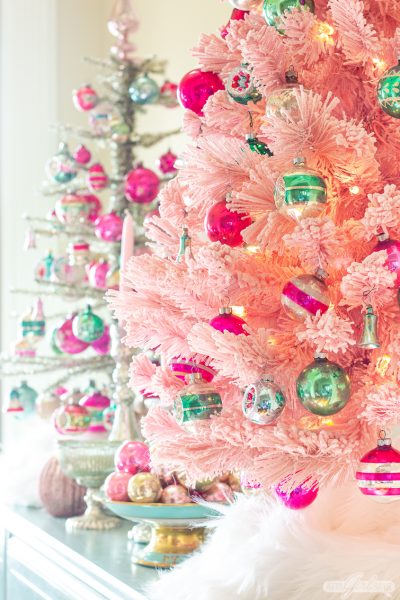 vintage Shiny Brite ornaments on a pink Christmas tree