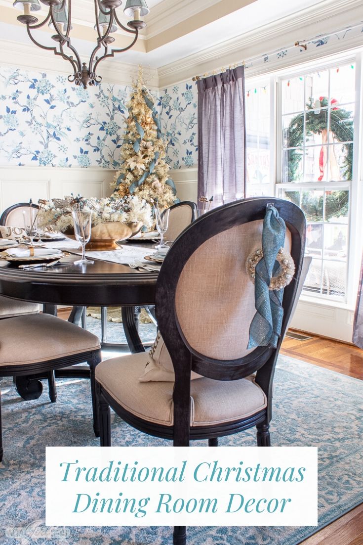 dining room with toile wallpaper, a gold Christmas tree and a formal table set for Christmas dinner