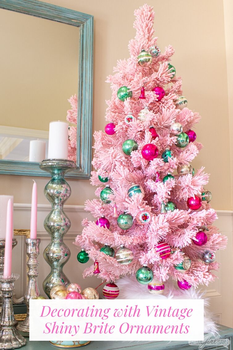 pink flocked Christmas tree with pink and green vintage Shiny Brite onrnaments